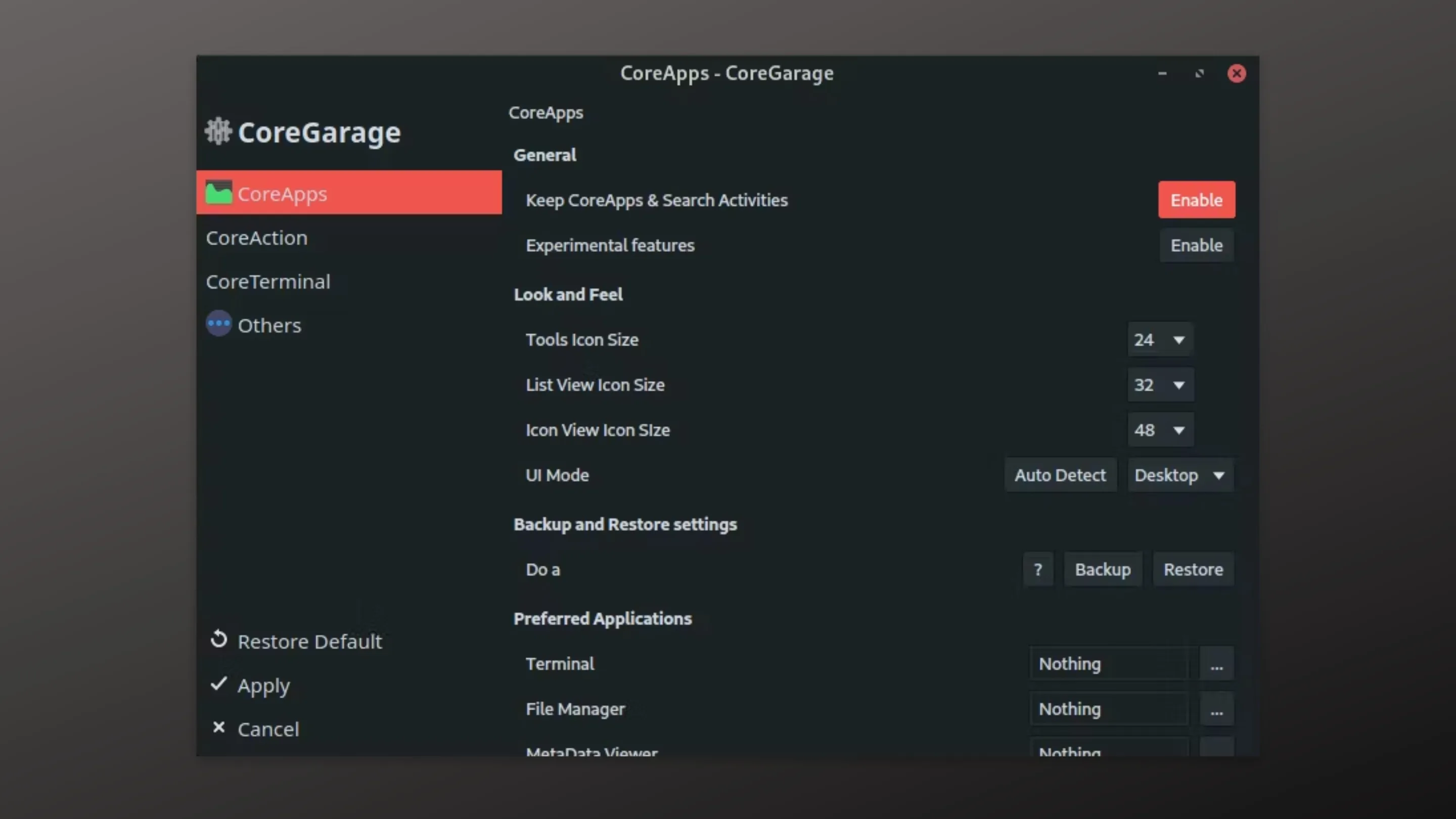 Instale o CoreGarage, um gerenciador de configurações, no Ubuntu, Fedora, Debian e outras distribuições Linux com Flatpak 2 Imagem com a interface do Coregarage