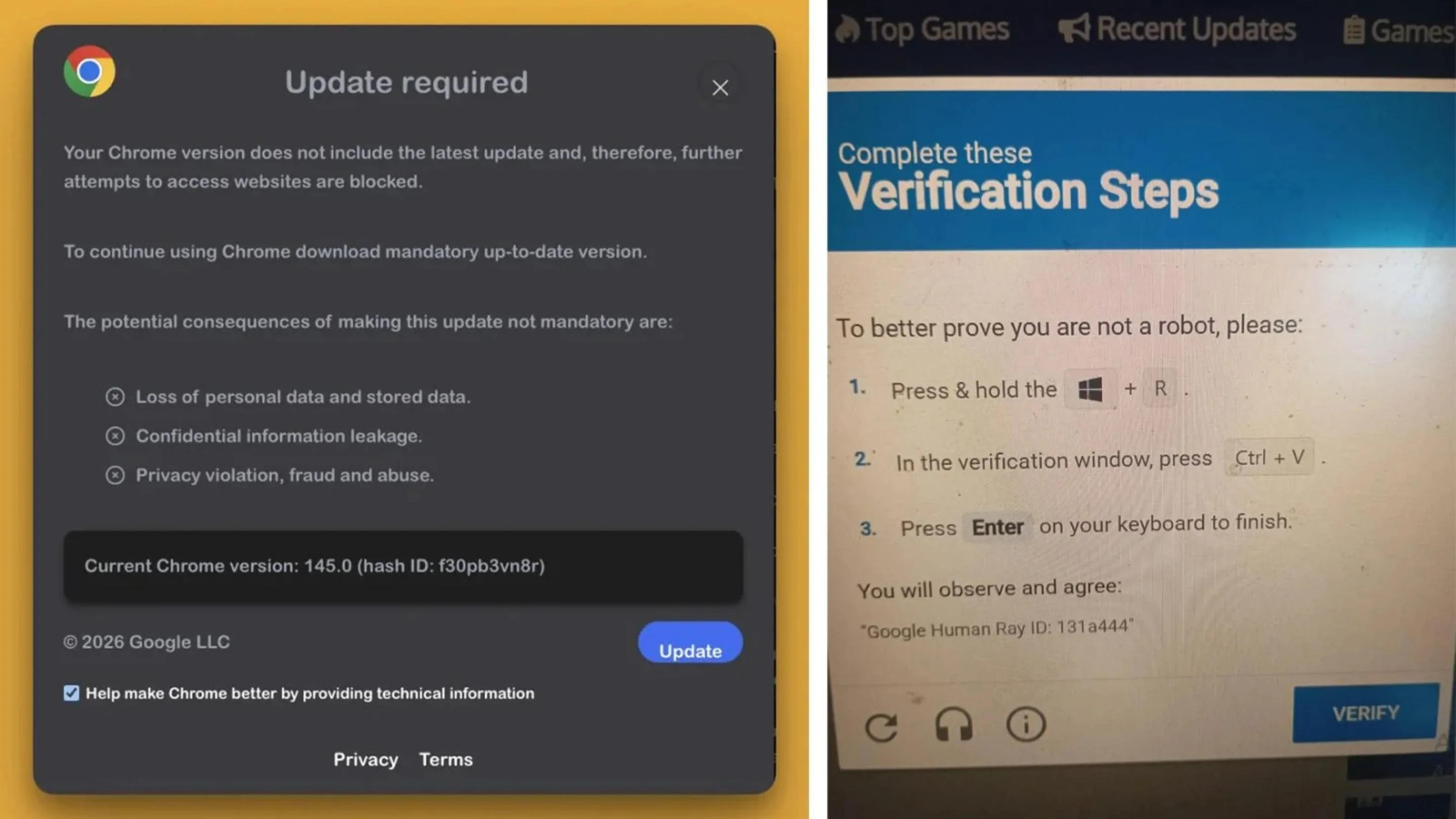 Extensão QuickLens maliciosa rouba criptomoedas com ataque clickfix no Chrome 2 Alerta falso de atualização do Google levando a um ataque ClickFix