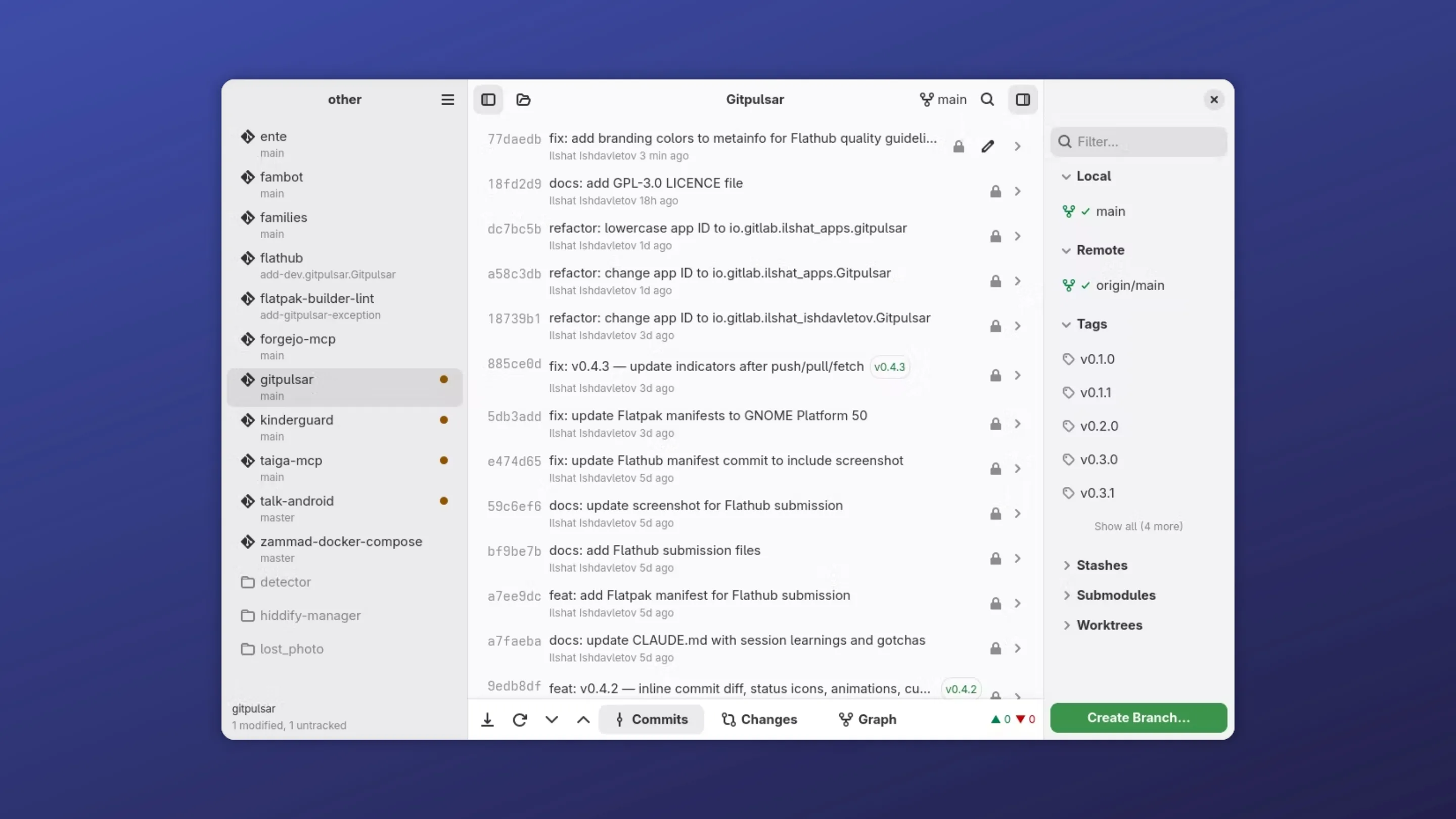 Instale o Gitpulsar, um gerenciador de repositório Git, no Ubuntu, Fedora, Debian e outras distribuições Linux com Flatpak 2 Imagem com a interface do Gitpulsar