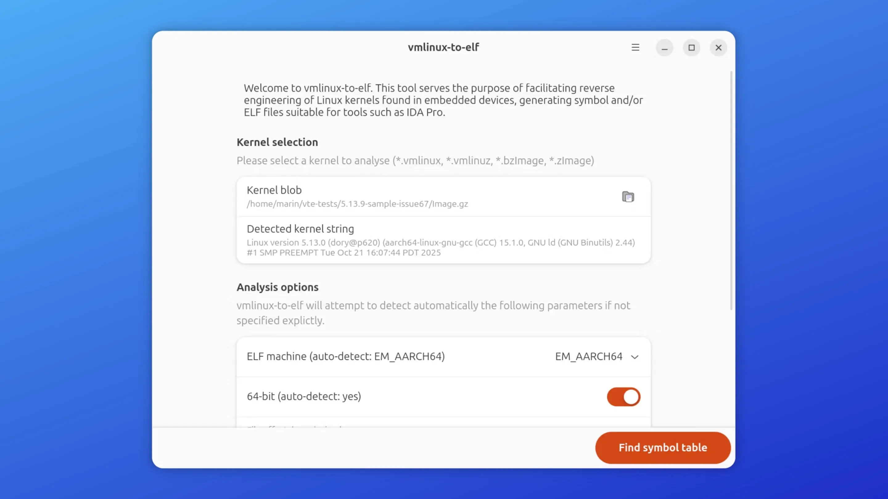 Imagem com a interface do vmlinux to elf
