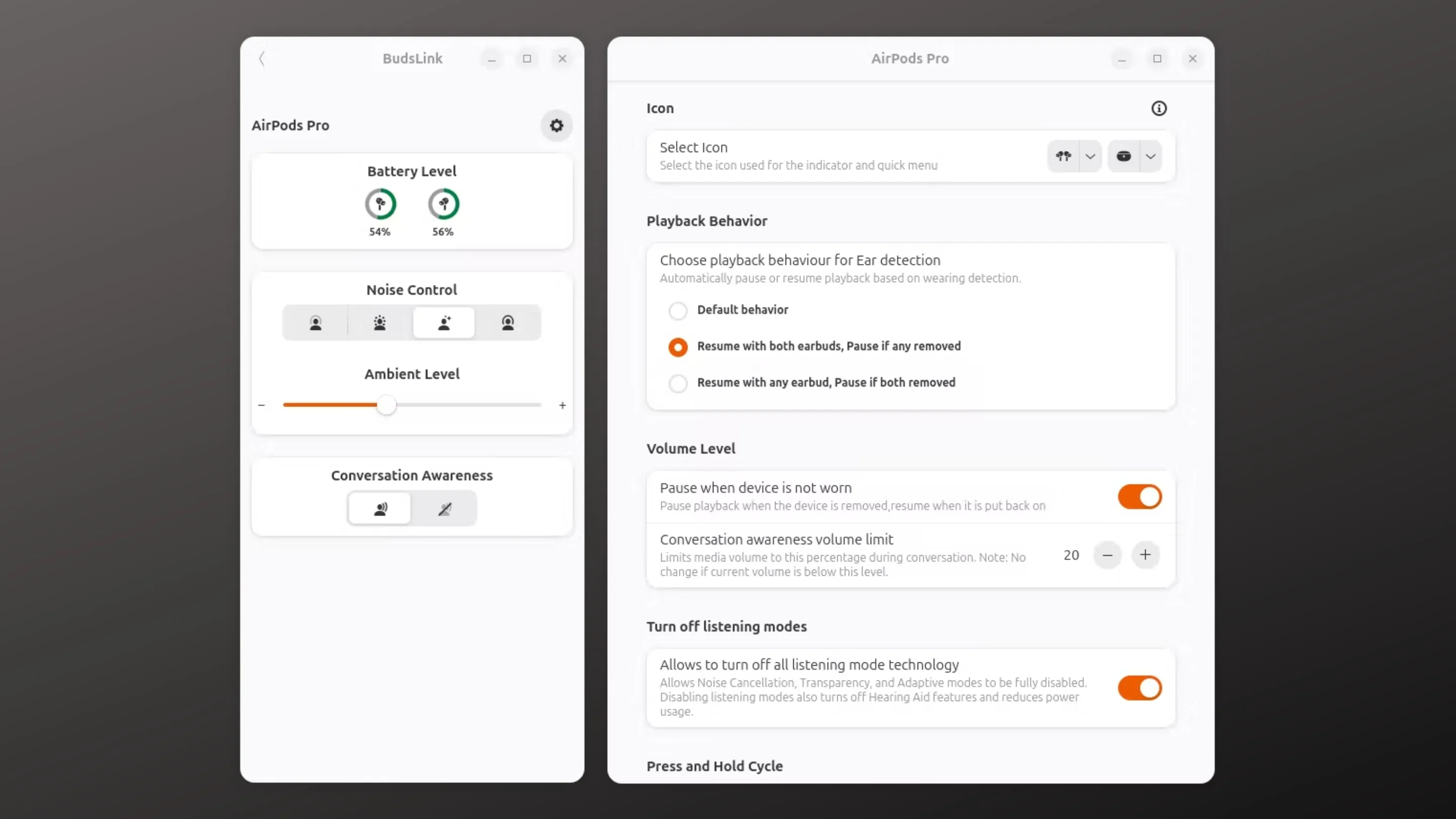Imagem com a interface do BudsLink
