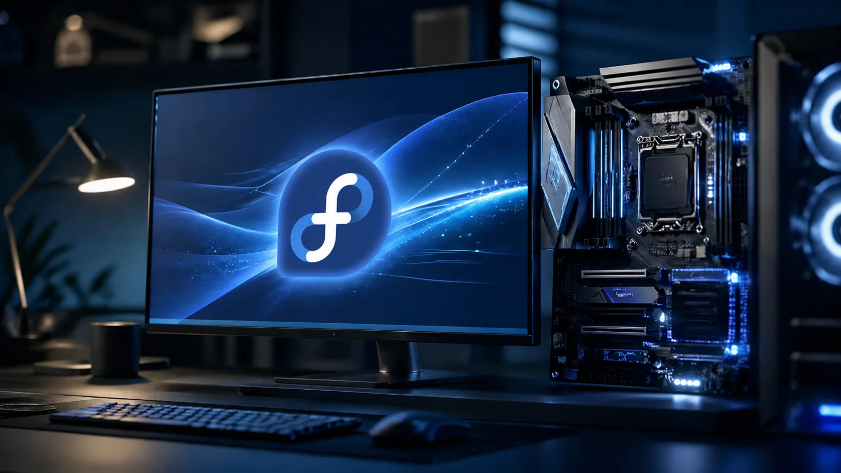 computador gamer exibindo a logo do Fedora Linux 44 em seu monitor. 