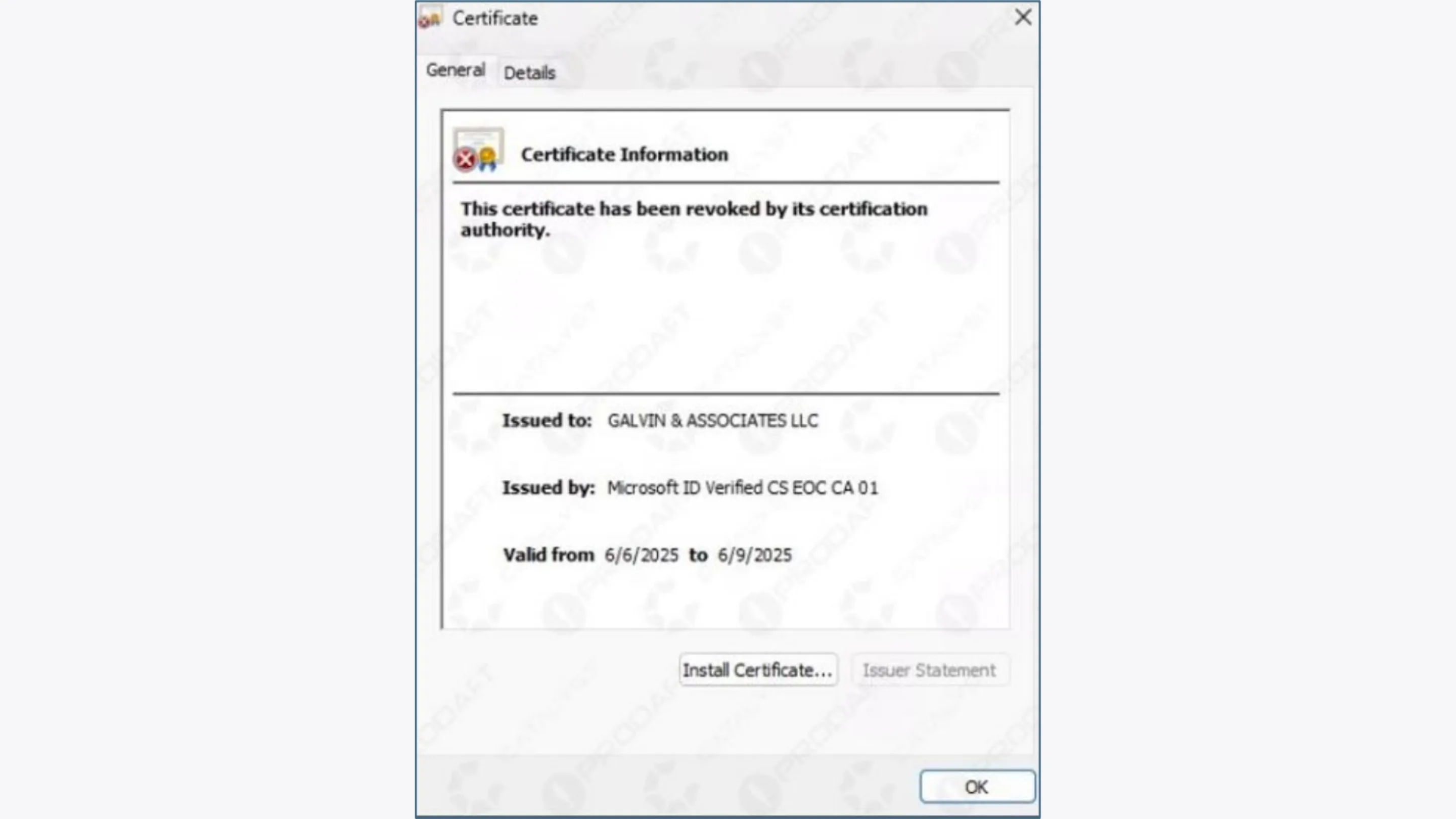 Certificado usado para assinar instaladores de malware do Oyster.