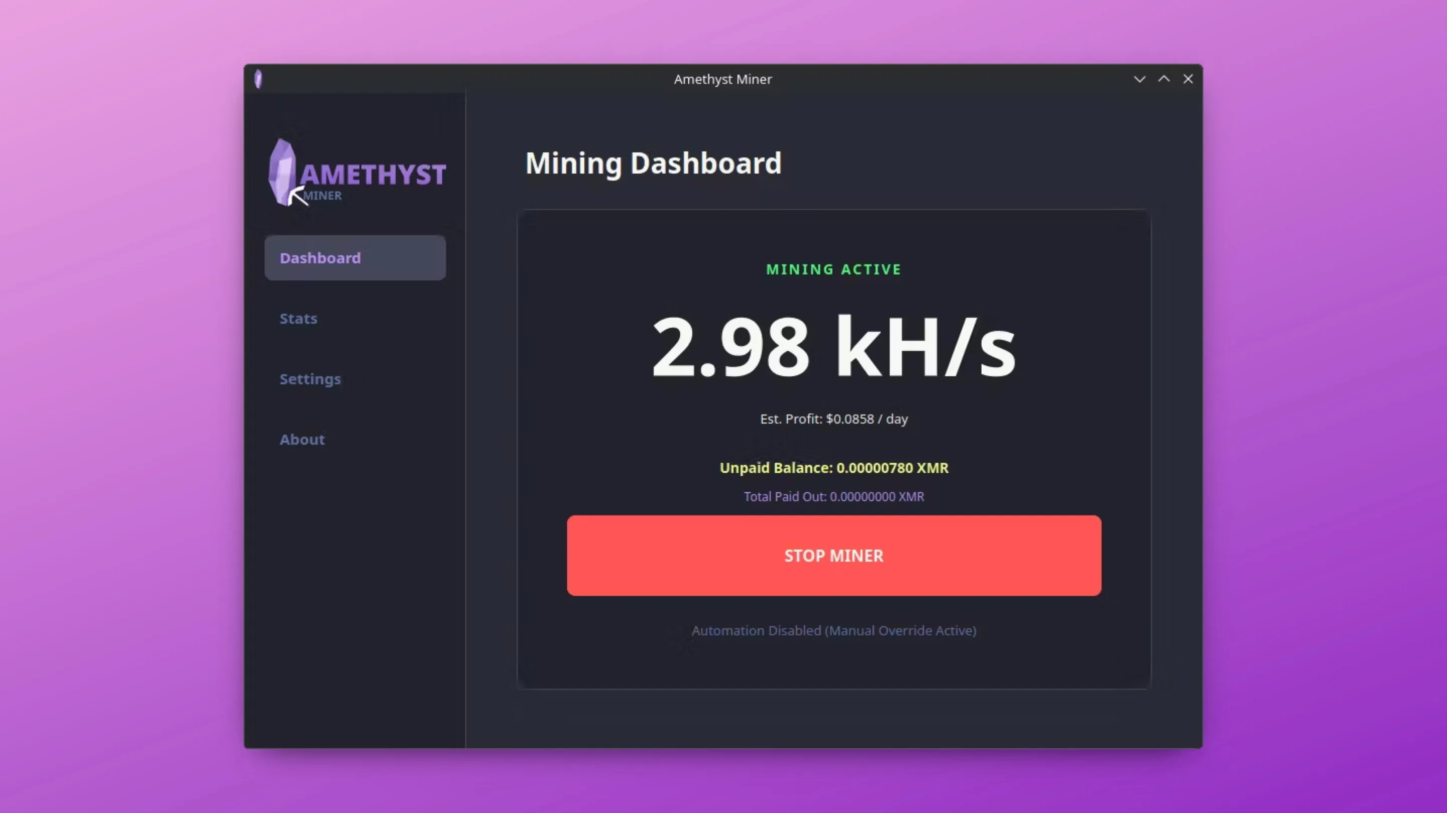 Imagem com a interface do Amethyst Miner