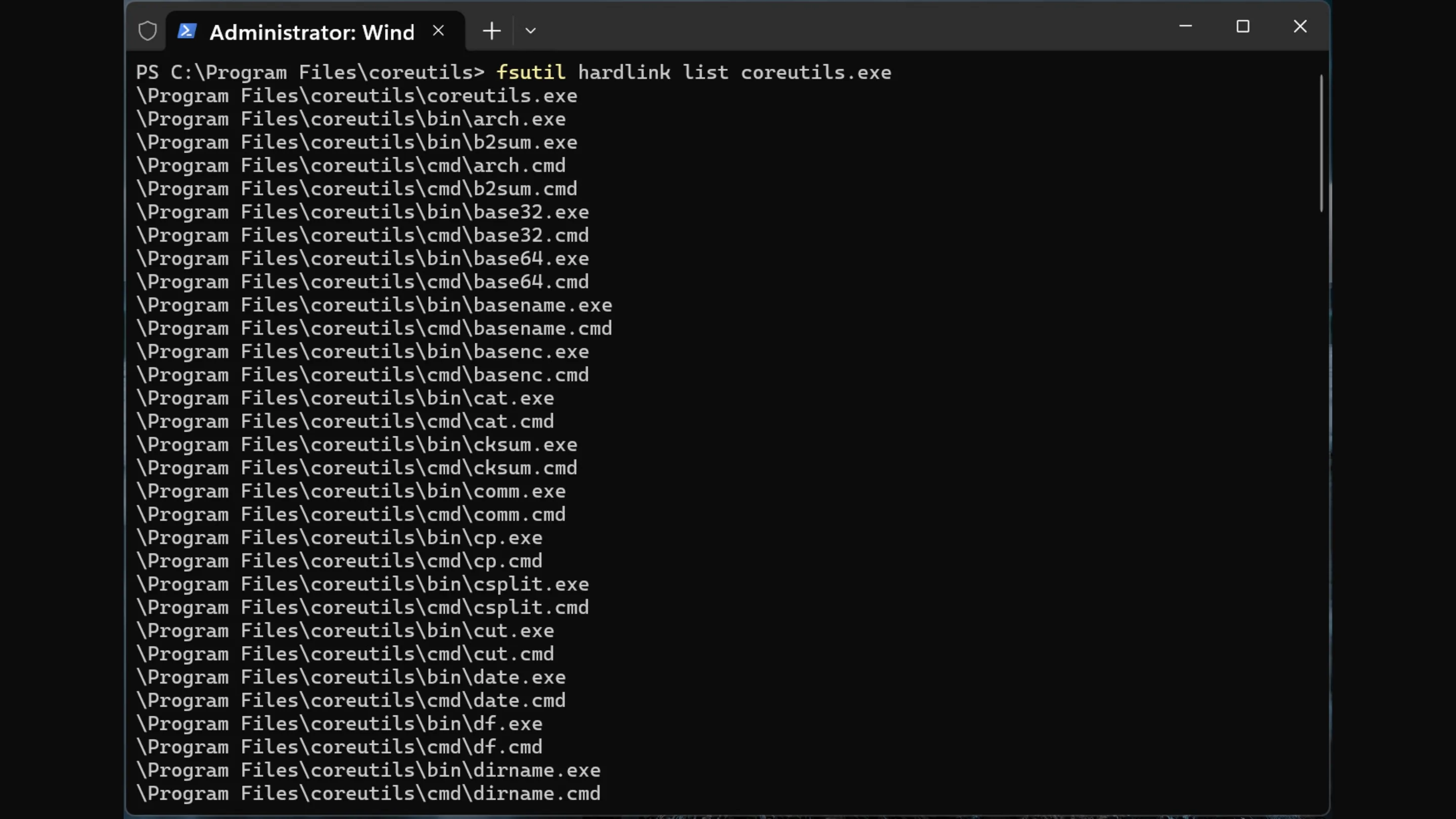 Coreutils usando links físicos NTFS para mapear comandos para binários.