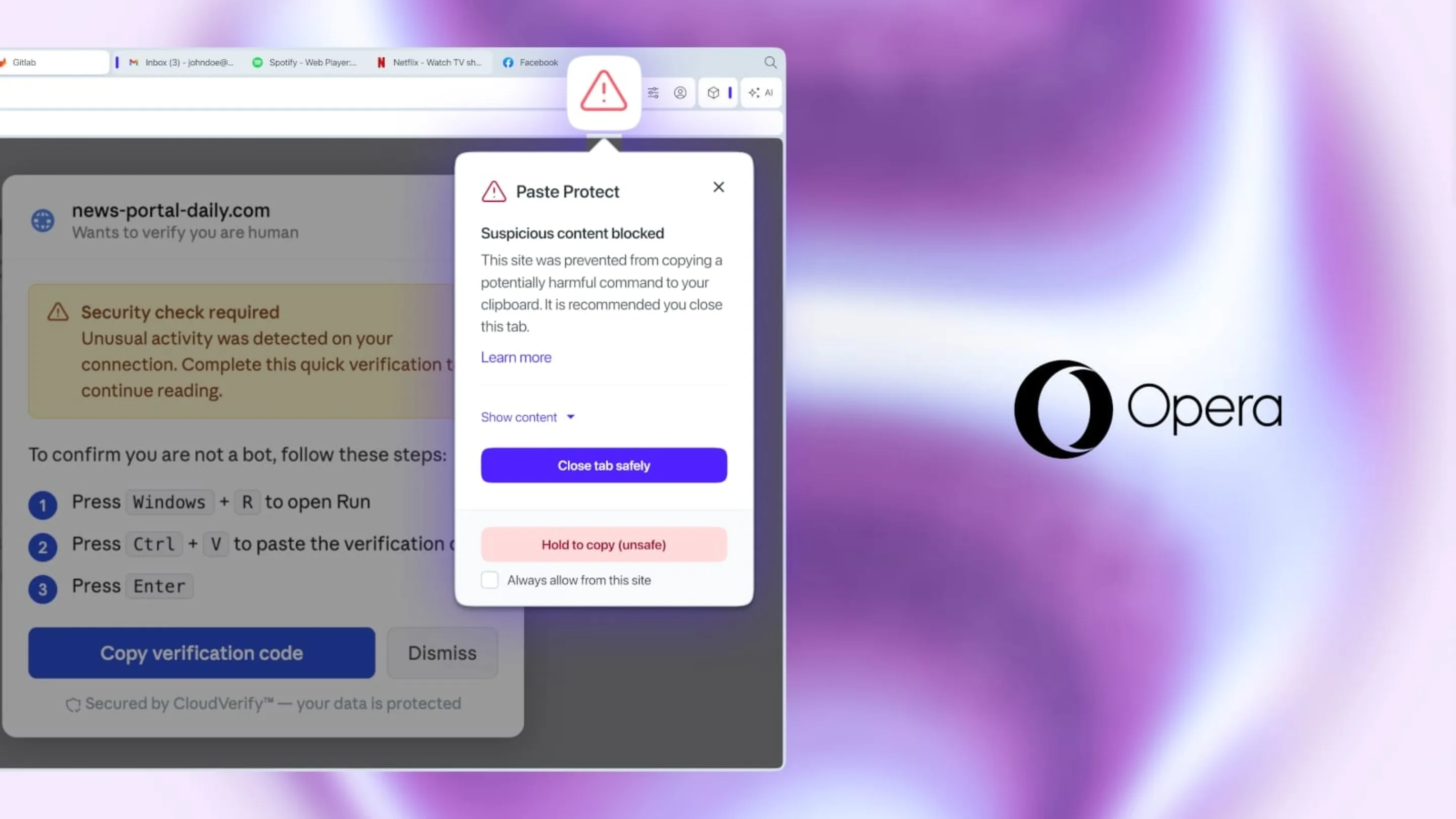 Opera Paste Protect bloqueia ataques ClickFix