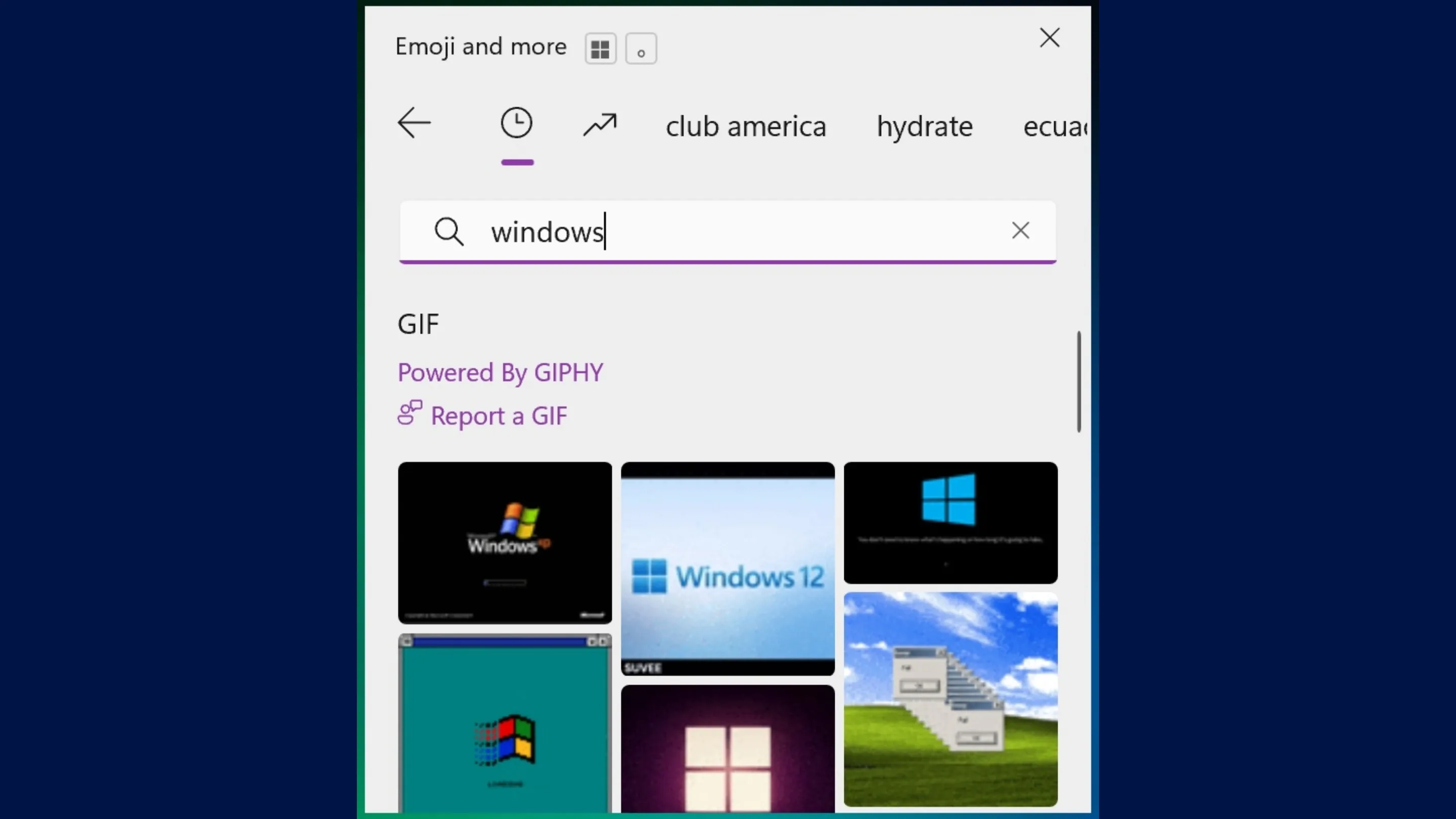 GIFs no Windows 11 voltam após atualização KB5095093 2 Painel de emojis do Windows com tecnologia GIPHY
