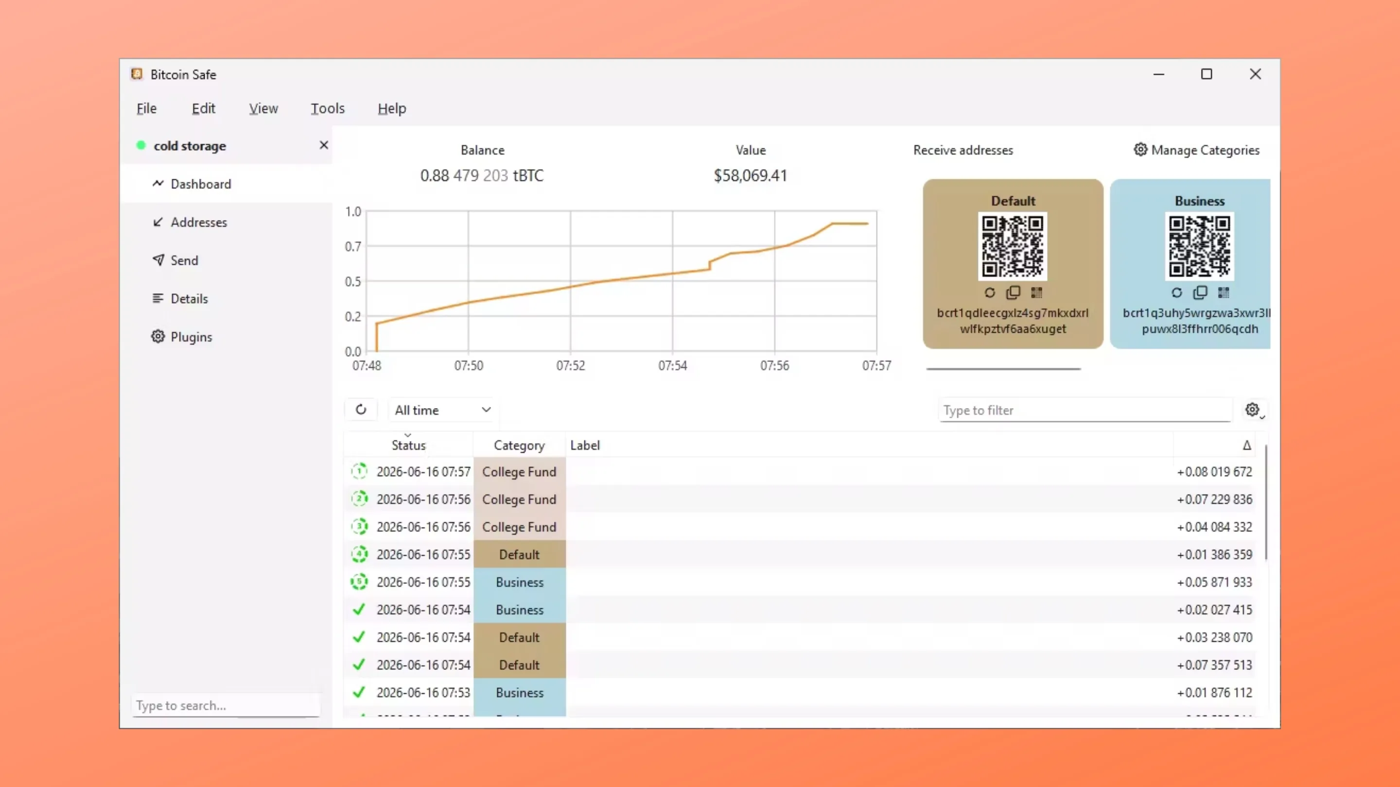 Instale o Bitcoin Safe, uma carteira de poupança em bitcoin, no Ubuntu, Fedora, Debian e outras distribuições Linux com Flatpak 2 Imagem com a interface do Bitcoin Safe