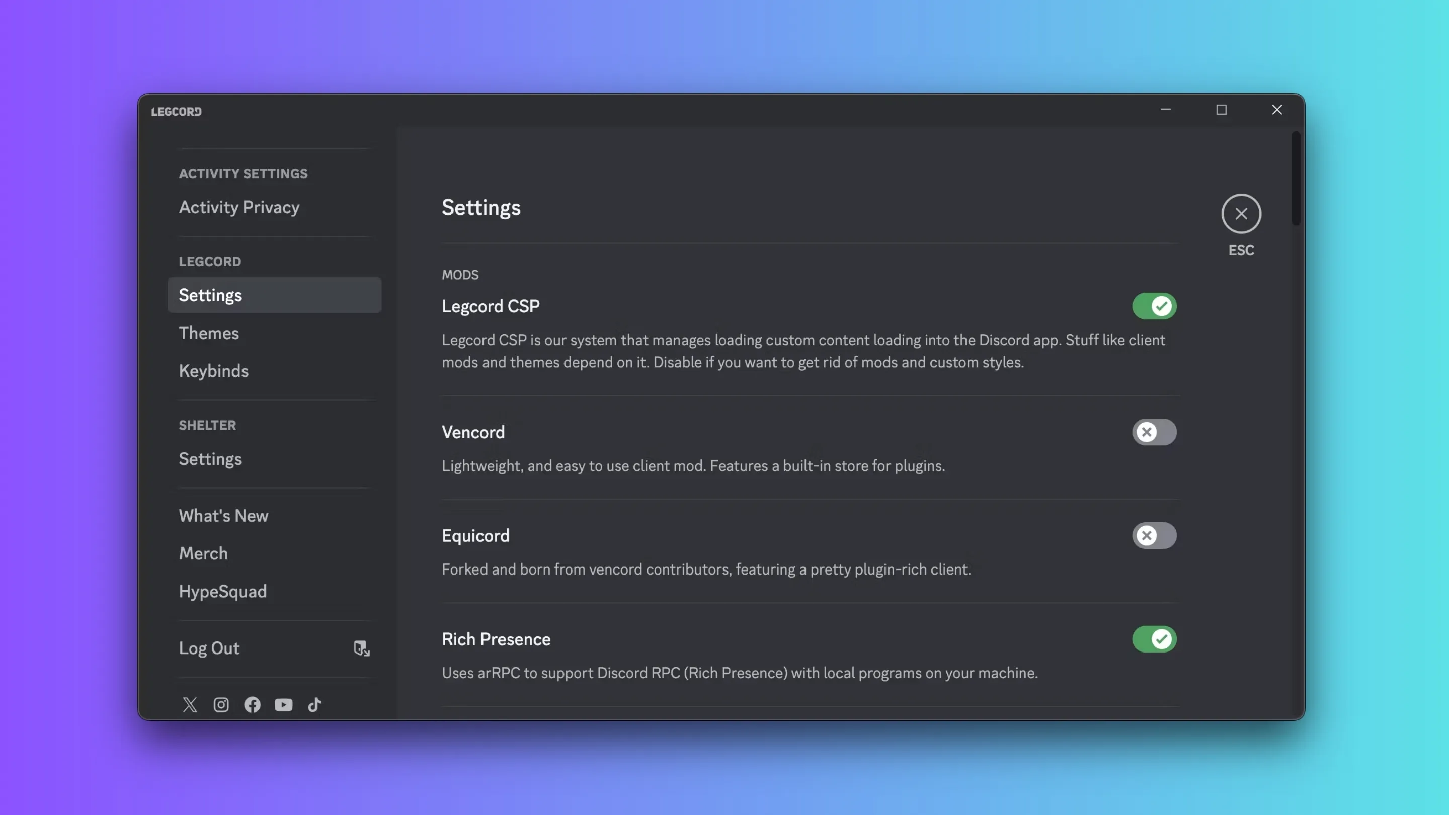 Imagem com a interface do Legcord