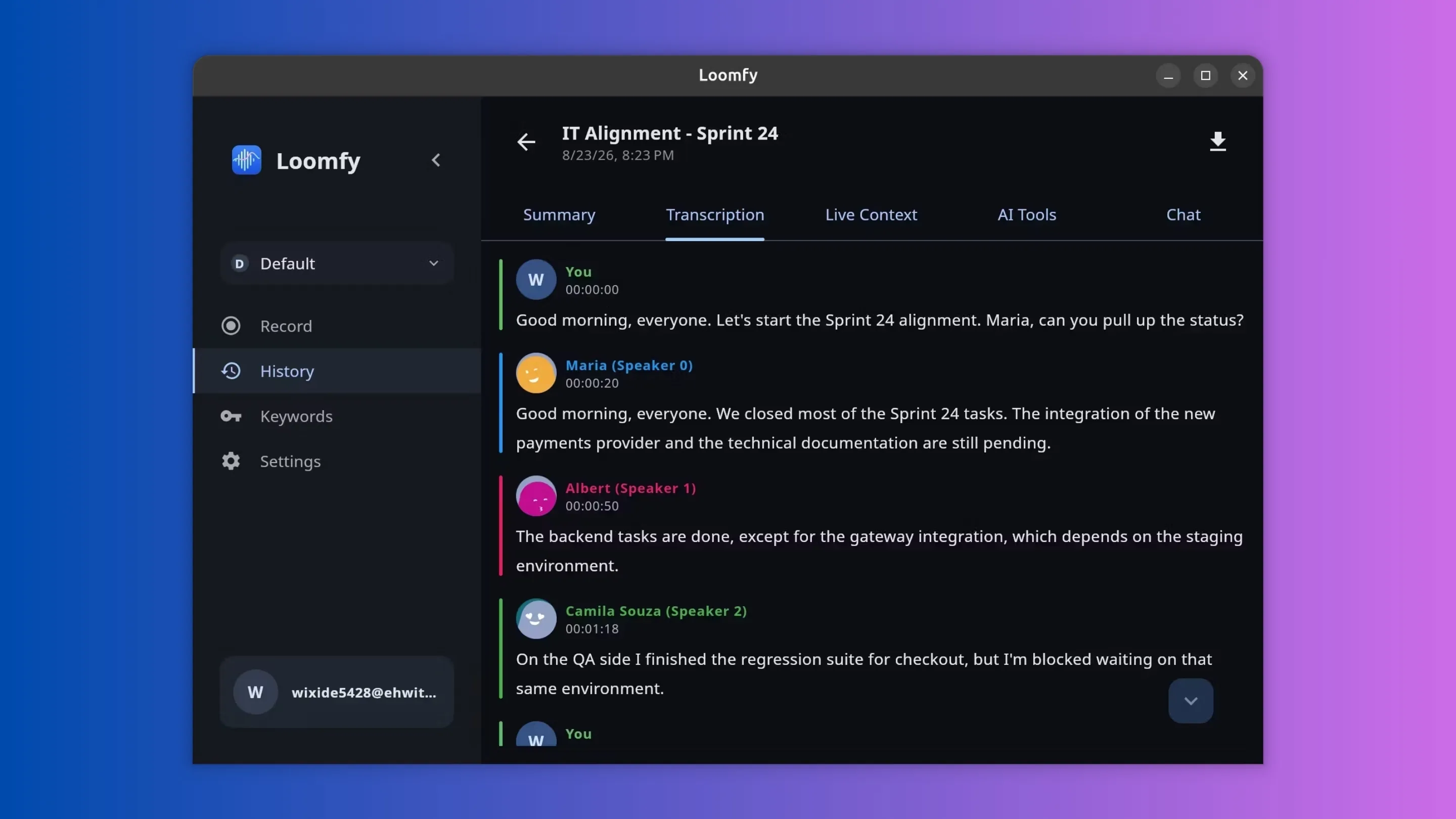 Instale o Loomfy, um transcritor de reuniões, no Ubuntu, Fedora, Debian e outras distribuições Linux com Flatpak 2 Imagem com a interface do Loomfy