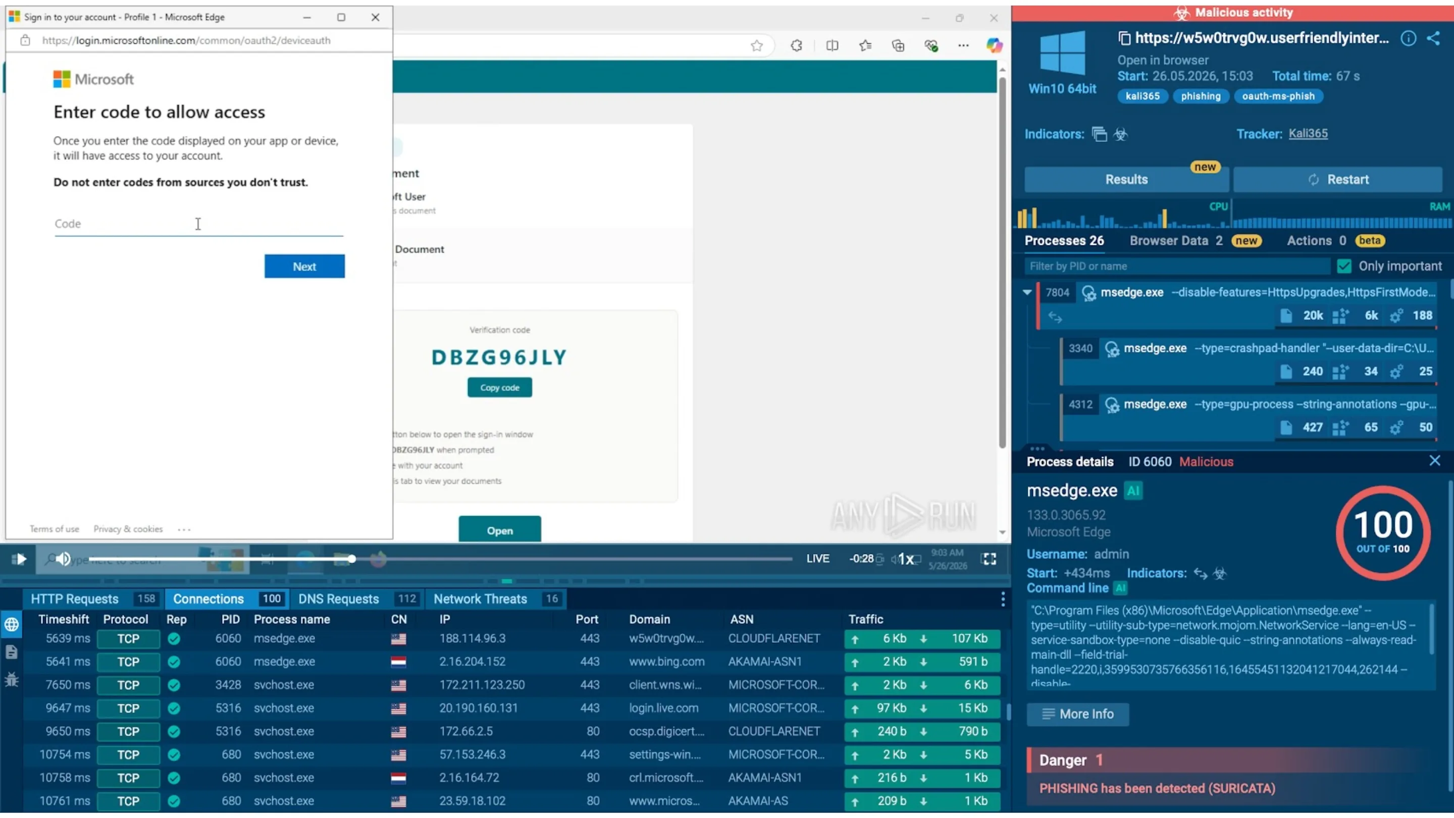Kali365: Phishing usa login da Microsoft para invadir empresas 2 Análise de isca Kali365 com tema SharePoint no Sandbox Interativo da ANY.RUN
