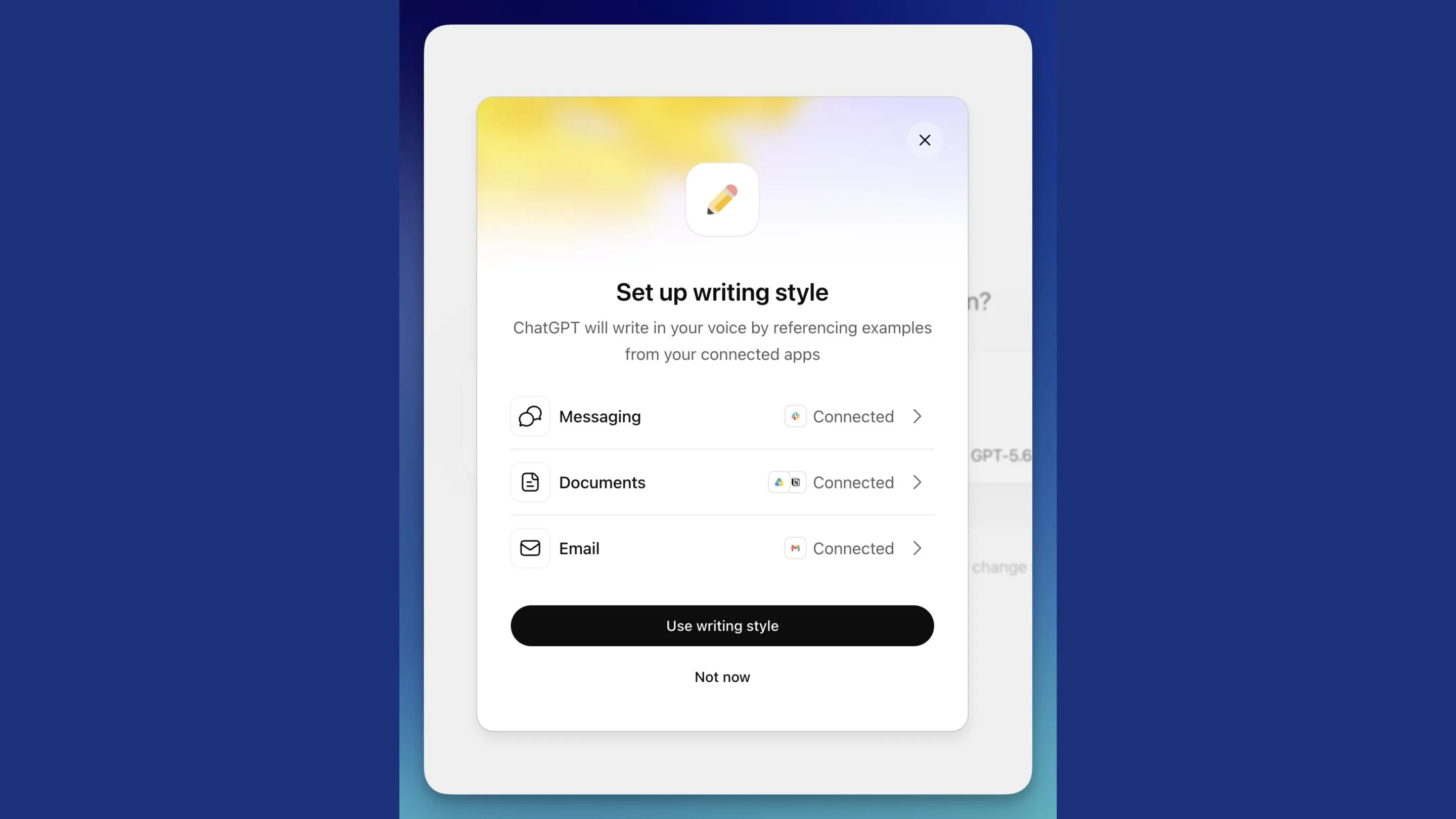Estilo de escrita no ChatGPT: OpenAI testa conexão com apps 2 Janela pop-up de estilo de escrita do GPT