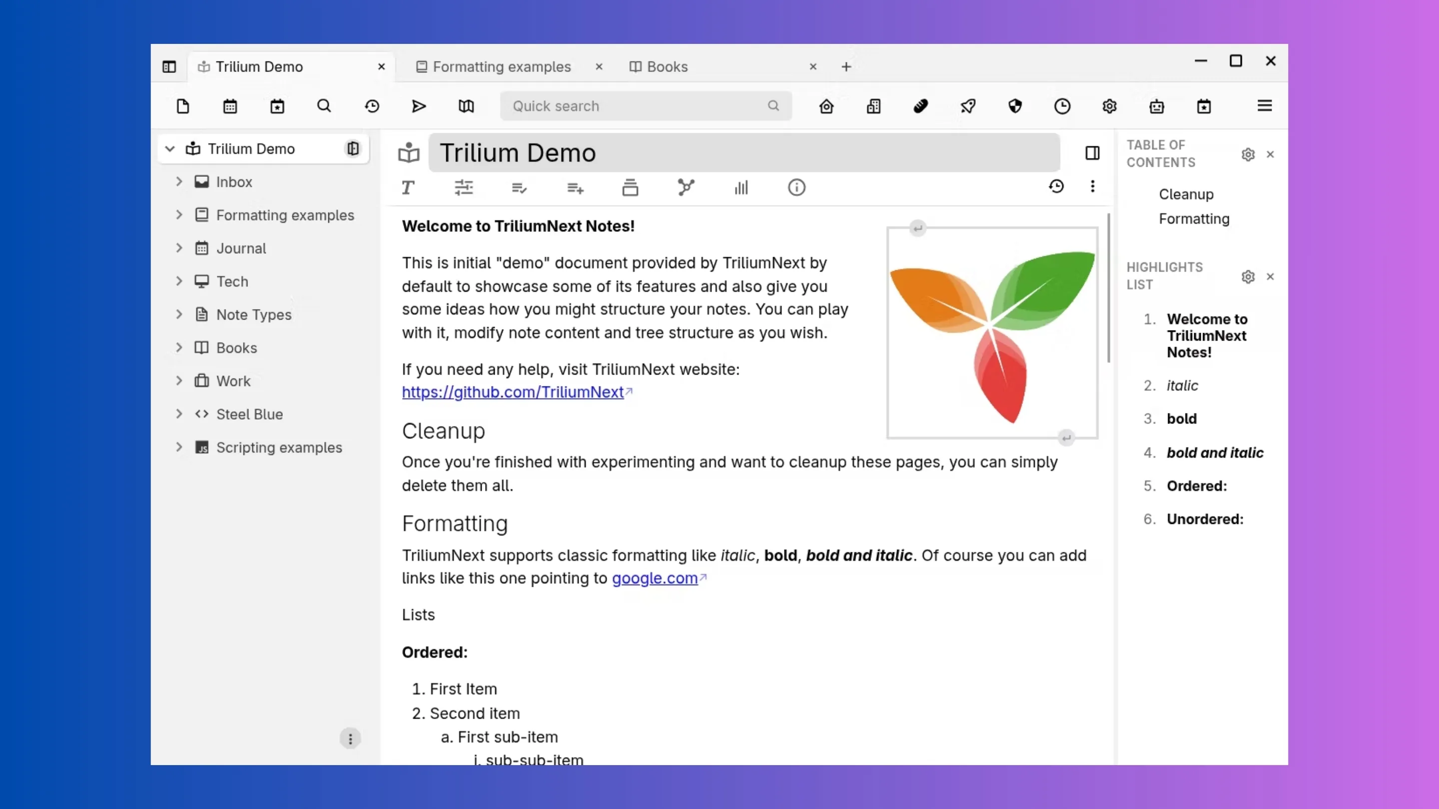 Instale o Trilium Notes, um aplicativo hierárquico para anotações, no Ubuntu, Fedora, Debian e outras distribuições Linux com Flatpak 2 Imagem com a interface do Trilium Notes