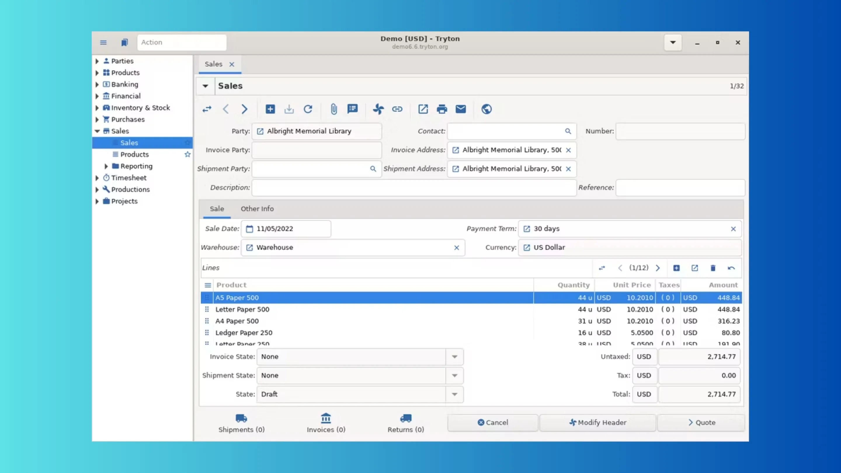 Instale o Tryton 8.2, um software empresarial, no Ubuntu, Fedora, Debian e outras distribuições Linux com Flatpak 2 Imagem com a interface do Tryton 8.2