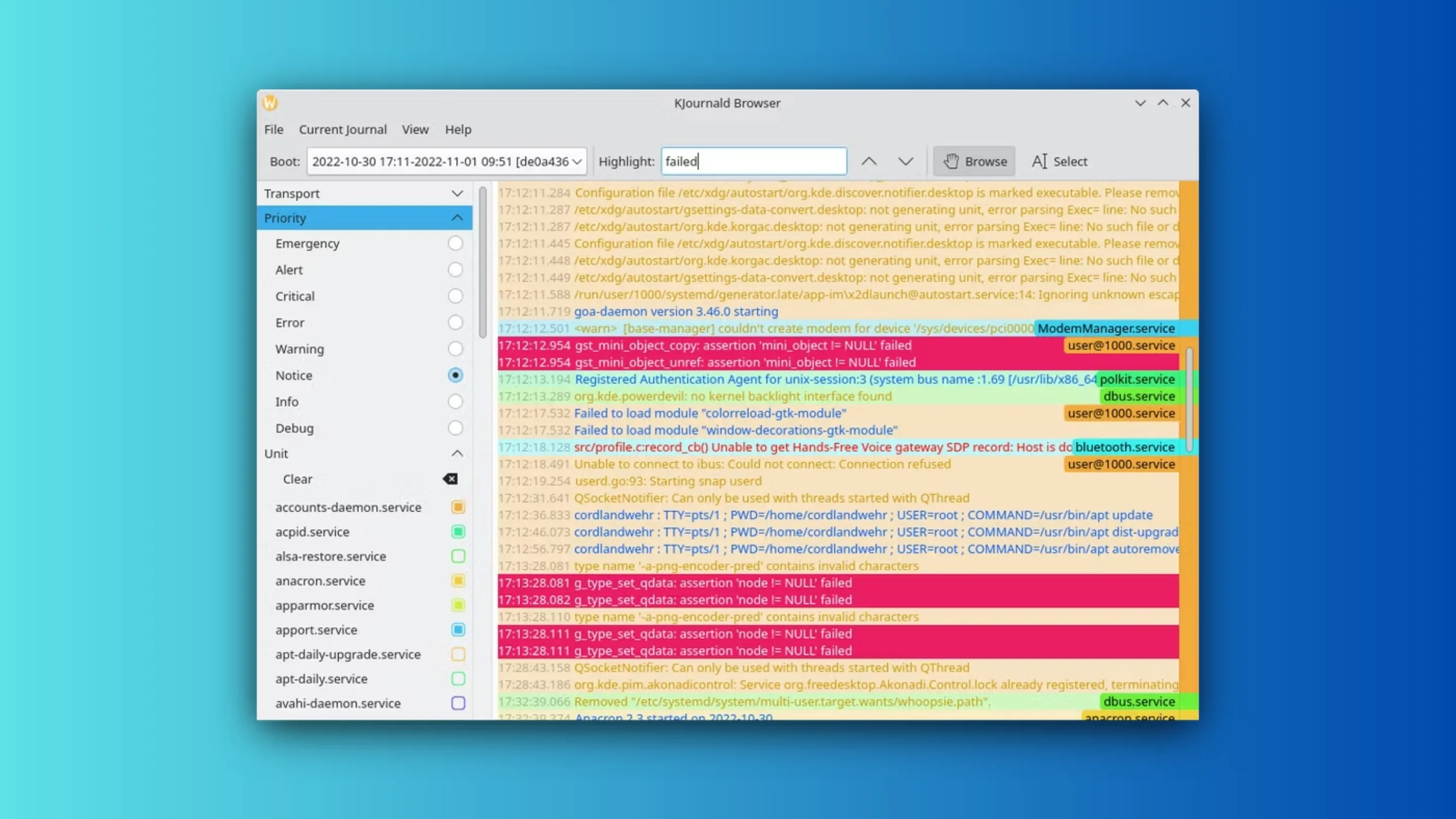 Instale o Navegador do journald, um navegador para os bancos de dados journald, no Ubuntu, Fedora, Debian e outras distribuições Linux com Flatpak 2 Imagem com a interface do Navegador do Journald